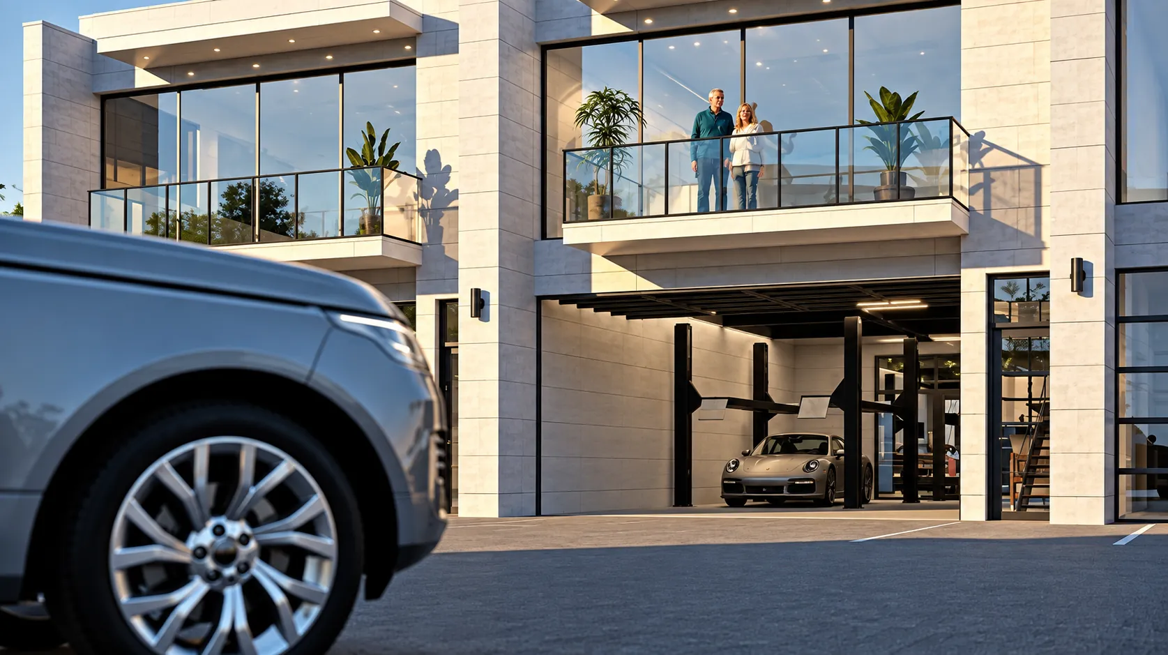 A two-story garage condo at The Garage with its glass overhead door open, a sports car inside, and owners on the balcony above