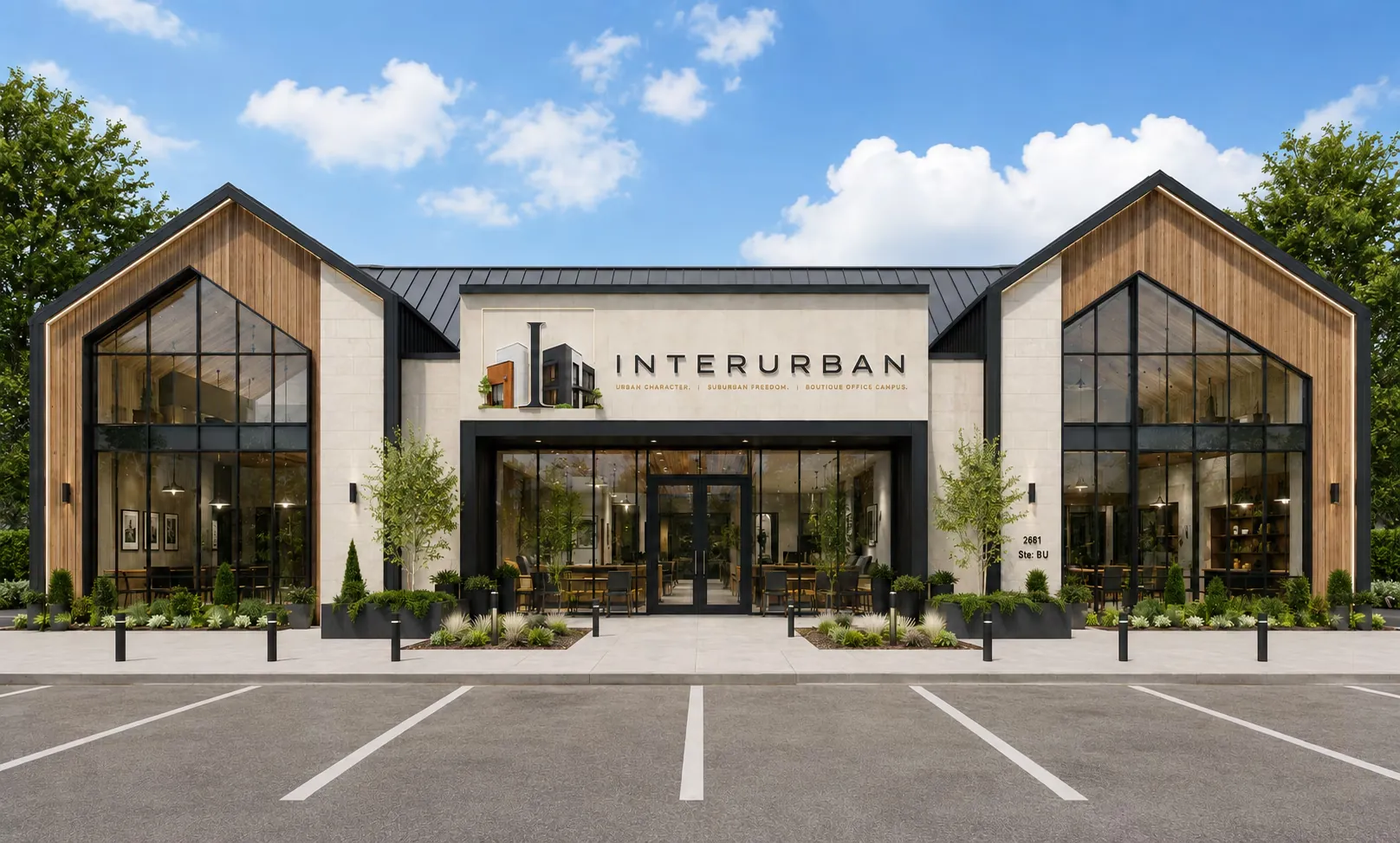 A two-story Interurban office building with twin glass gables, cedar cladding and parking at the front door